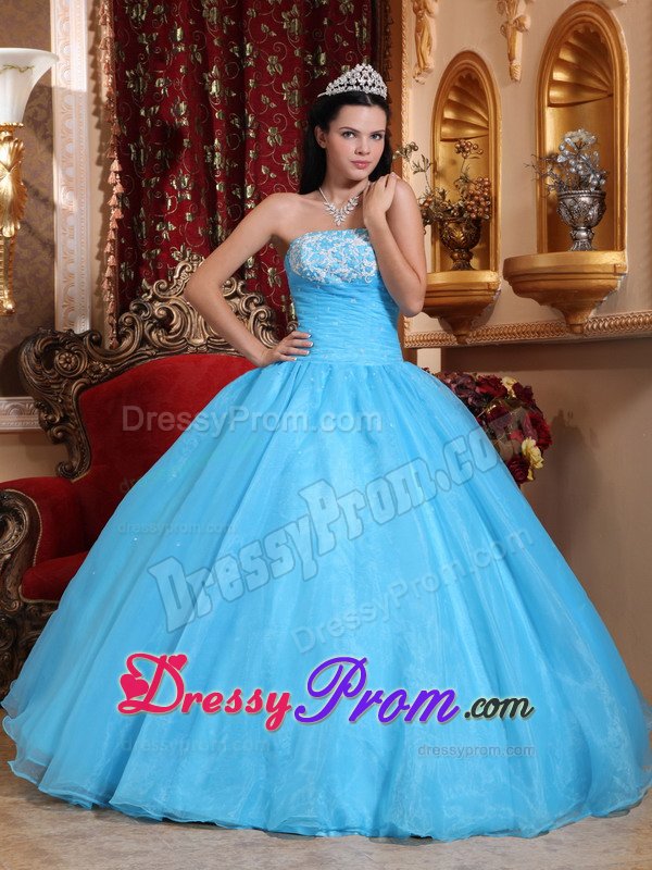 Appliqued and Beaded Baby Blue Organza Sweet Sixteen Dresses