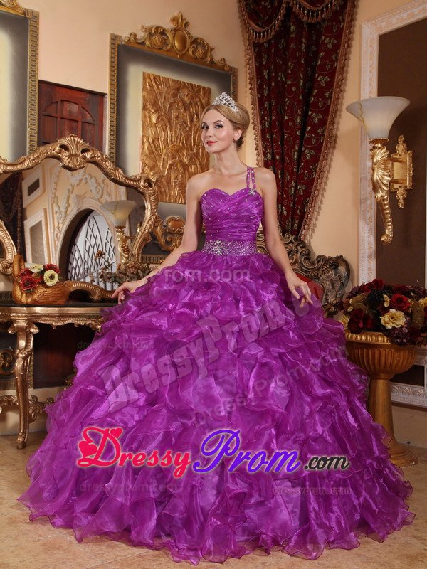 Purple One Shoulder Sweet 15 Dresses with Beading and Ruffles