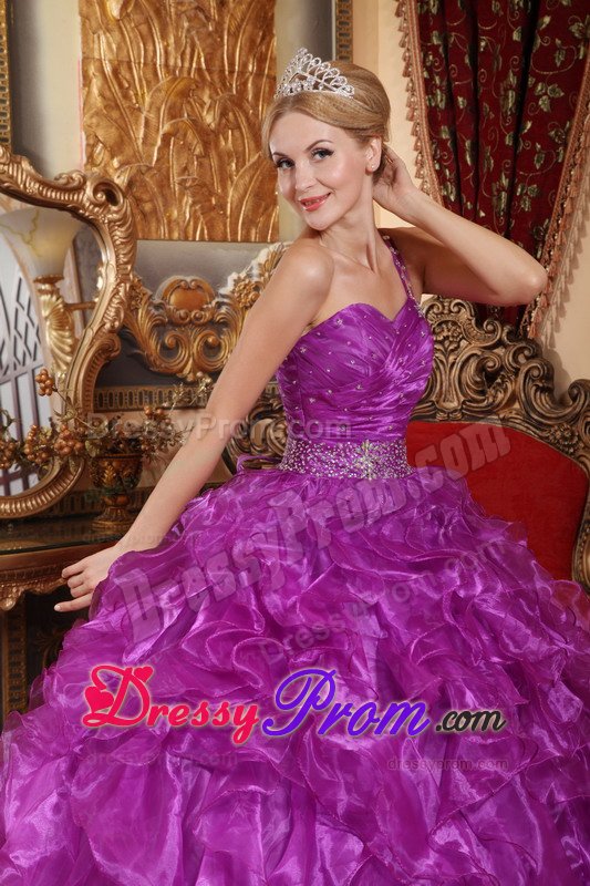 Purple One Shoulder Sweet 15 Dresses with Beading and Ruffles