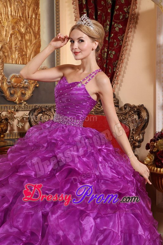Purple One Shoulder Sweet 15 Dresses with Beading and Ruffles