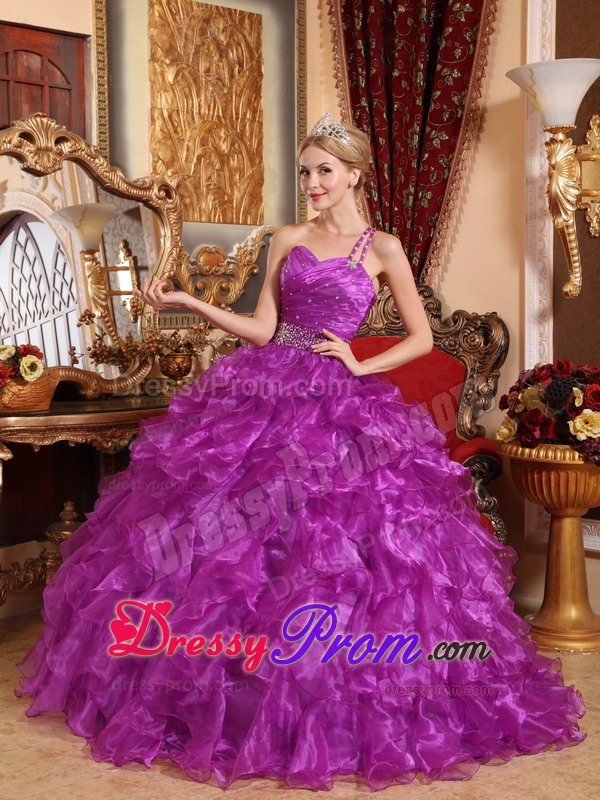 Purple One Shoulder Sweet 15 Dresses with Beading and Ruffles