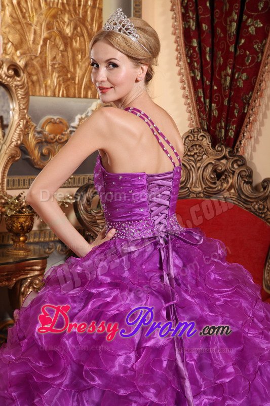 Purple One Shoulder Sweet 15 Dresses with Beading and Ruffles