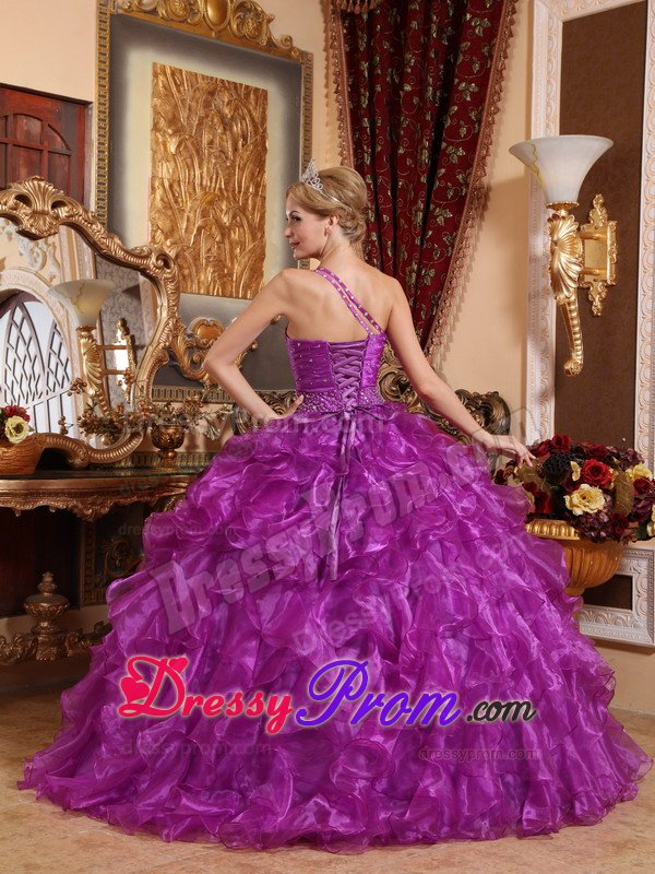 Purple One Shoulder Sweet 15 Dresses with Beading and Ruffles