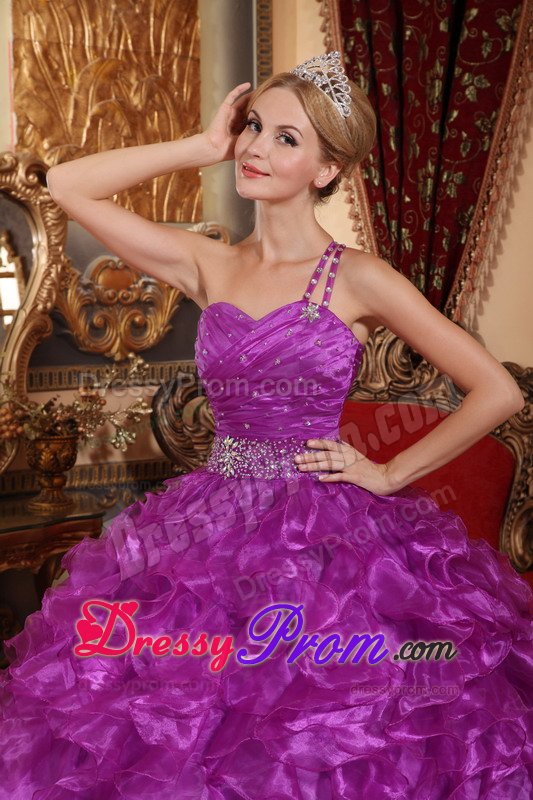 Purple One Shoulder Sweet 15 Dresses with Beading and Ruffles