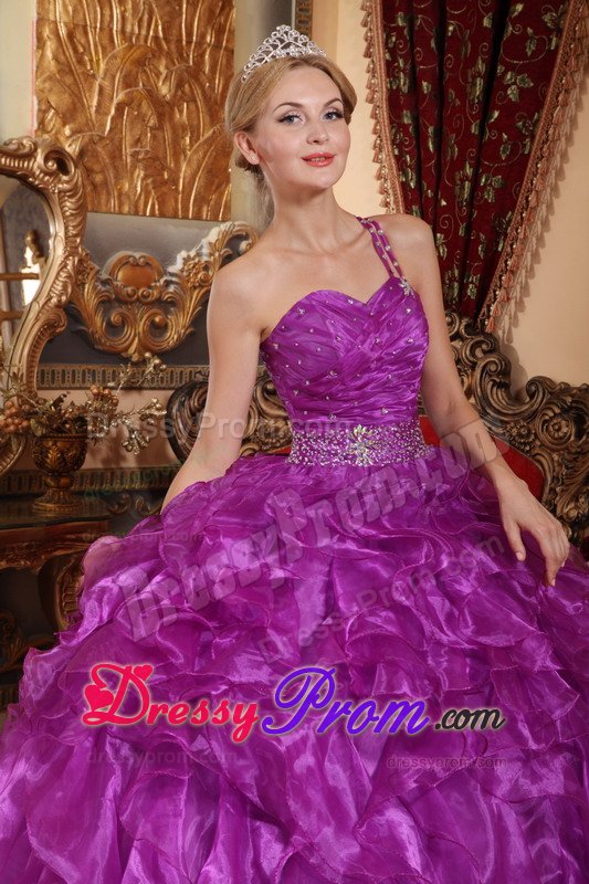 Purple One Shoulder Sweet 15 Dresses with Beading and Ruffles