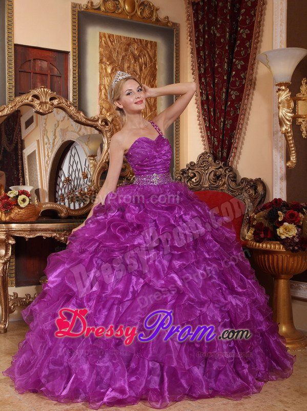 Purple One Shoulder Sweet 15 Dresses with Beading and Ruffles