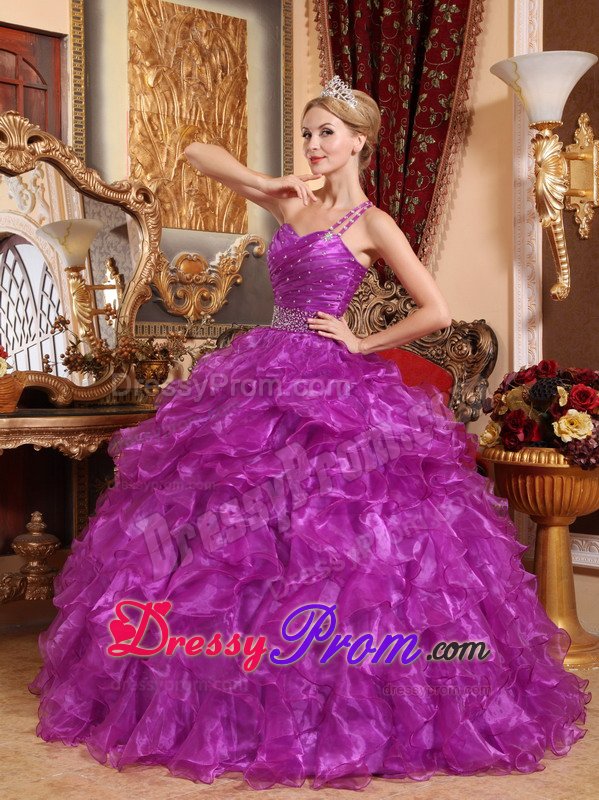 Purple One Shoulder Sweet 15 Dresses with Beading and Ruffles