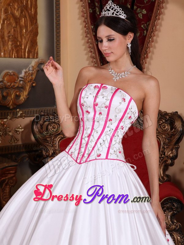 White Sweet 15 Dresses with Hot Pink Beading and Embroidery