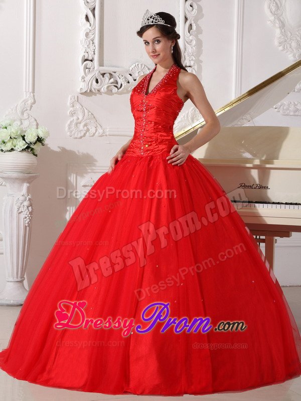 Visalia CA Red Halter Beaded Sweet 15 Dresses with Lace-up Back
