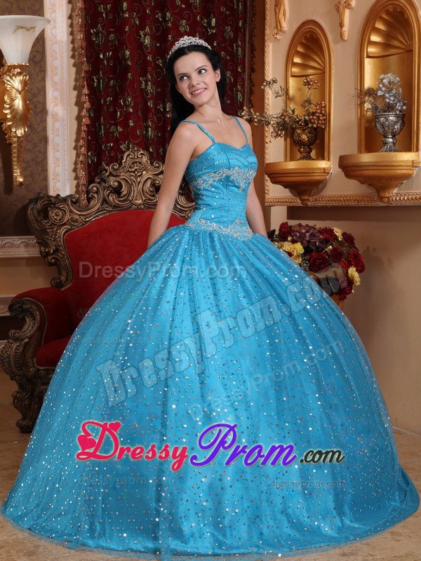 Spaghetti Straps Blue Sweet 15 Dresses with Sequins Over Skirt