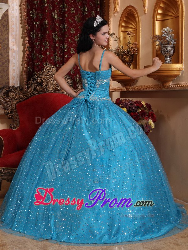Spaghetti Straps Blue Sweet 15 Dresses with Sequins Over Skirt
