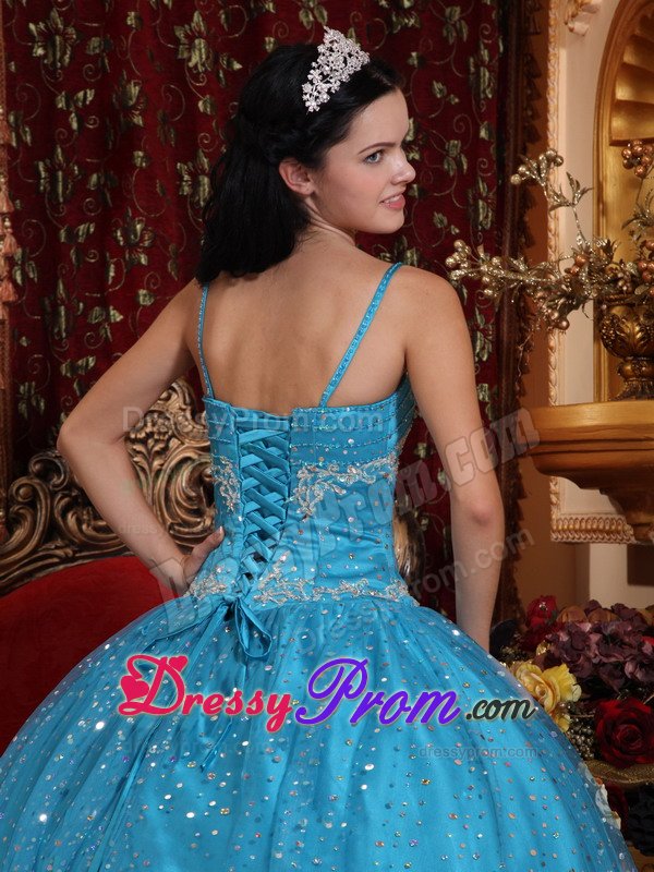 Spaghetti Straps Blue Sweet 15 Dresses with Sequins Over Skirt