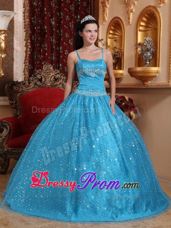 Spaghetti Straps Blue Sweet 15 Dresses with Sequins Over Skirt