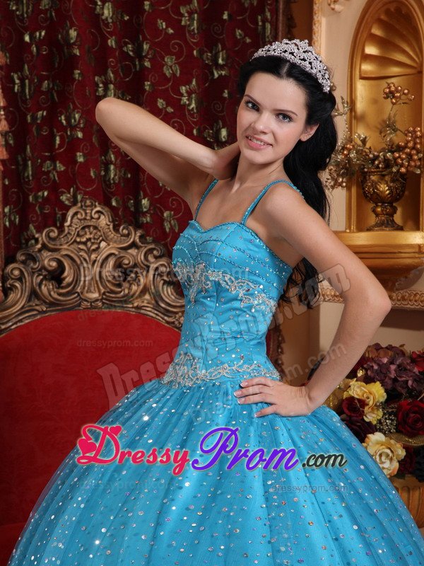 Spaghetti Straps Blue Sweet 15 Dresses with Sequins Over Skirt