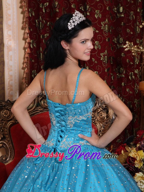 Spaghetti Straps Blue Sweet 15 Dresses with Sequins Over Skirt