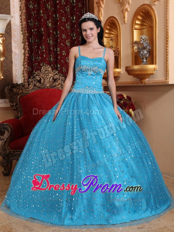 Spaghetti Straps Blue Sweet 15 Dresses with Sequins Over Skirt