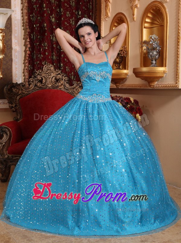 Spaghetti Straps Blue Sweet 15 Dresses with Sequins Over Skirt