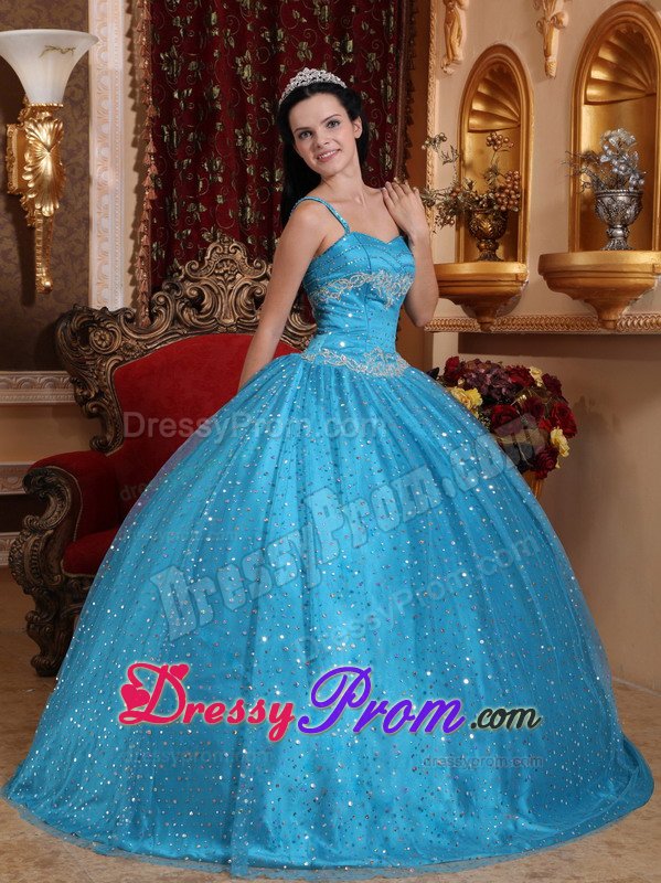 Spaghetti Straps Blue Sweet 15 Dresses with Sequins Over Skirt