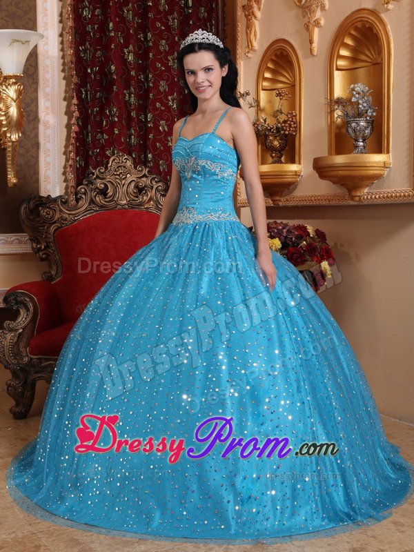 Spaghetti Straps Blue Sweet 15 Dresses with Sequins Over Skirt