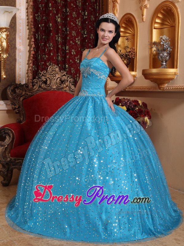 Spaghetti Straps Blue Sweet 15 Dresses with Sequins Over Skirt