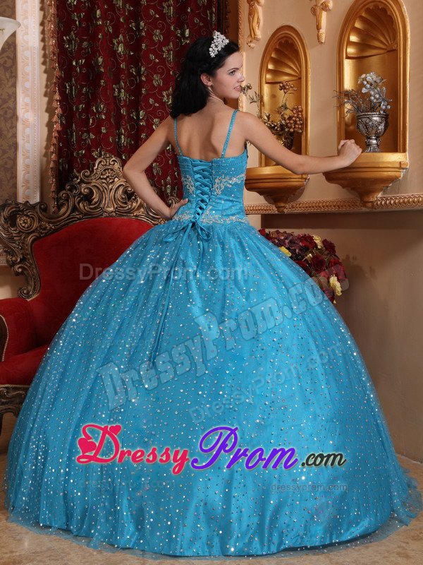 Spaghetti Straps Blue Sweet 15 Dresses with Sequins Over Skirt