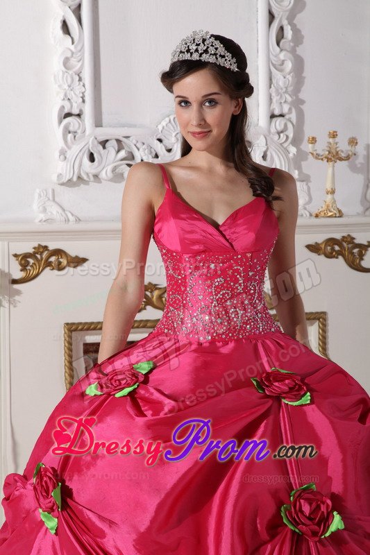 Flowers and Appliques Accent Sweet 15 Dresses Spaghetti Straps
