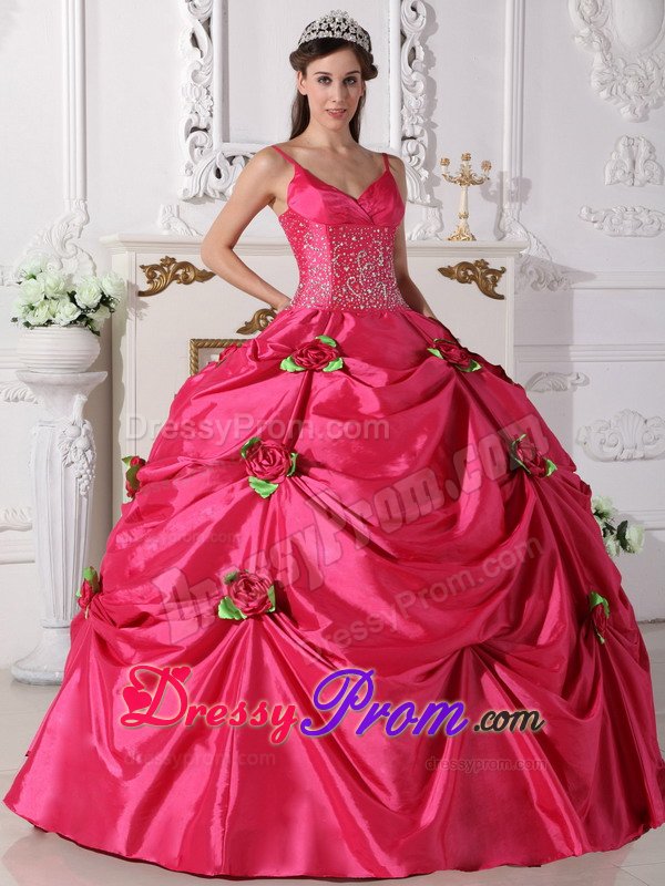 Flowers and Appliques Accent Sweet 15 Dresses Spaghetti Straps