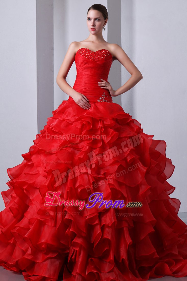 Van Nuys CA Red Sweet 15 Dresses with Beading and Puffy Ruffles
