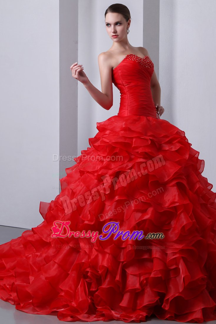 Van Nuys CA Red Sweet 15 Dresses with Beading and Puffy Ruffles