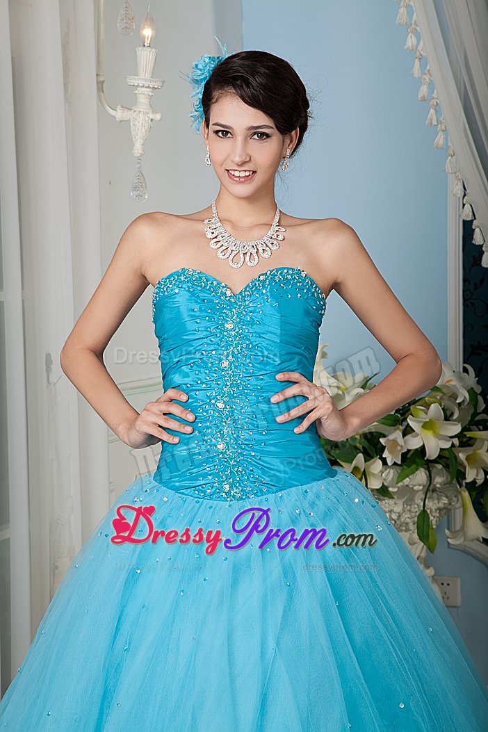 Aqua Blue Taffeta and Tulle Dresses for Quinceanera with Beading