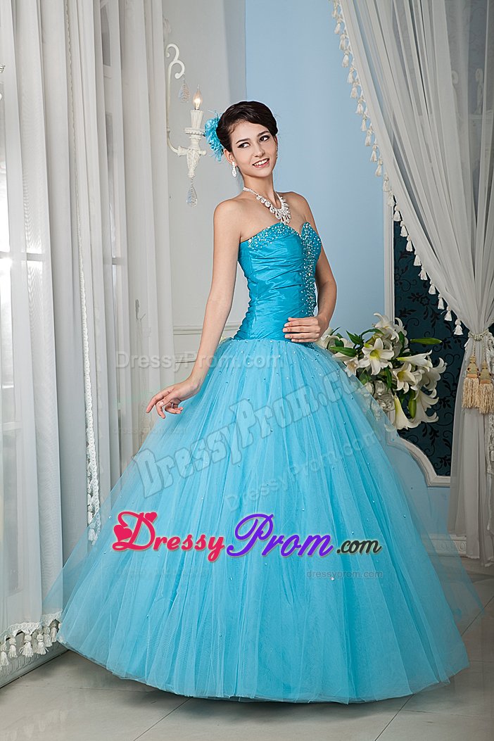 Aqua Blue Taffeta and Tulle Dresses for Quinceanera with Beading