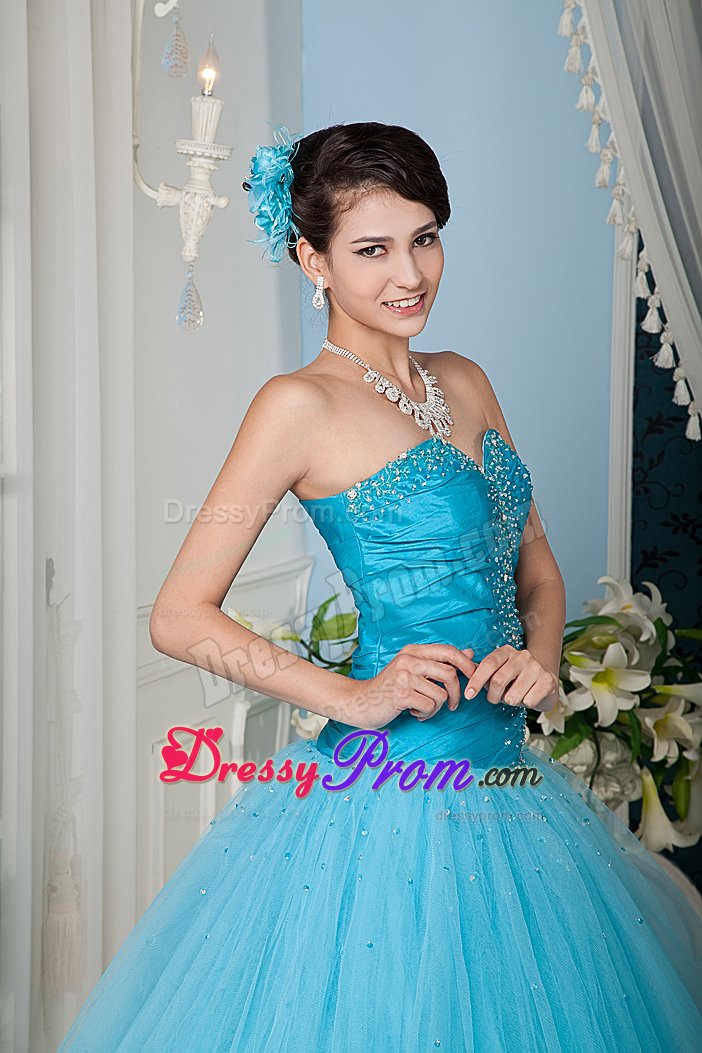 Aqua Blue Taffeta and Tulle Dresses for Quinceanera with Beading