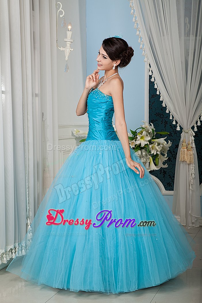 Aqua Blue Taffeta and Tulle Dresses for Quinceanera with Beading