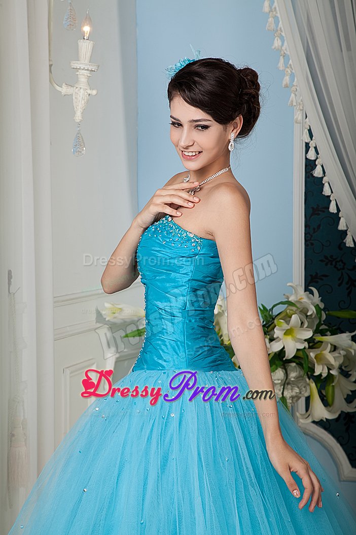 Aqua Blue Taffeta and Tulle Dresses for Quinceanera with Beading