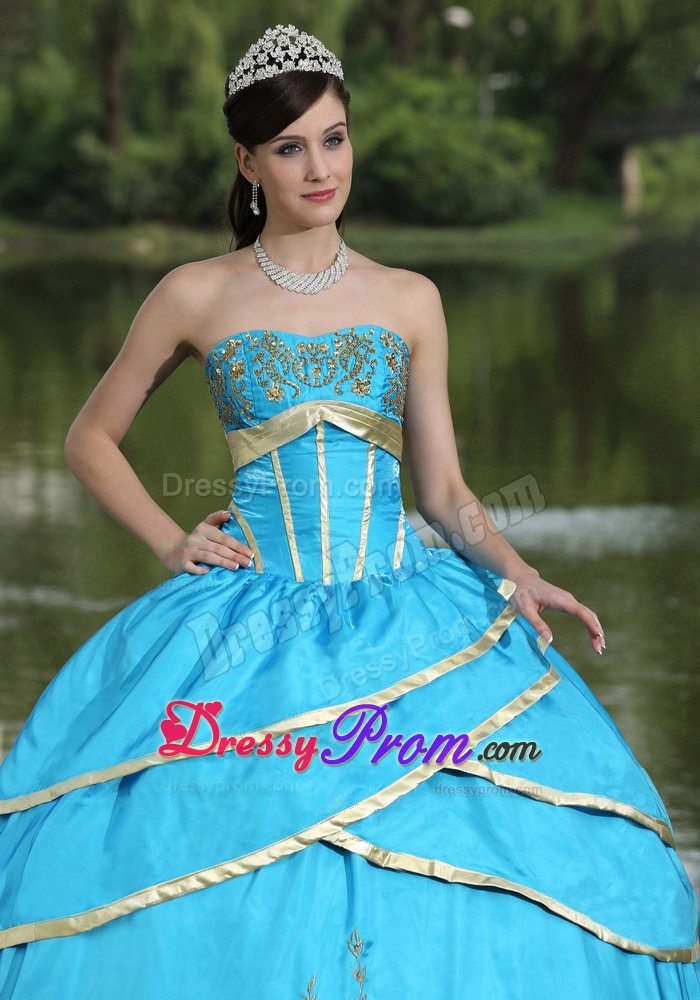 Valencia CA Blue Floor Length Dress for Quinceanera with Appliques
