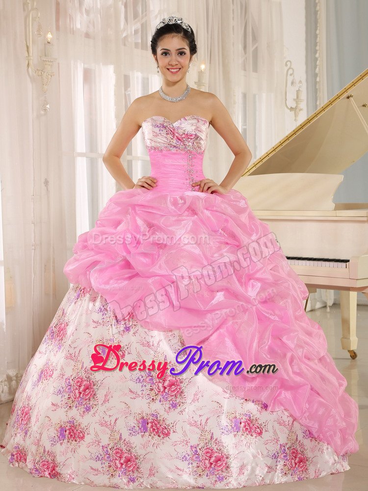 Printing Sweetheart Pick ups Beading Pink Dress for Quinceanera