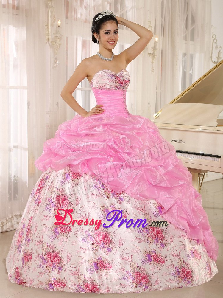 Printing Sweetheart Pick ups Beading Pink Dress for Quinceanera