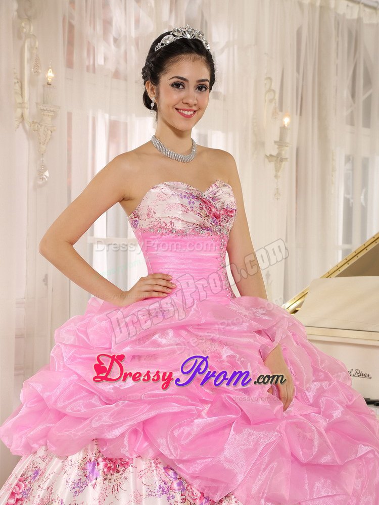 Printing Sweetheart Pick ups Beading Pink Dress for Quinceanera