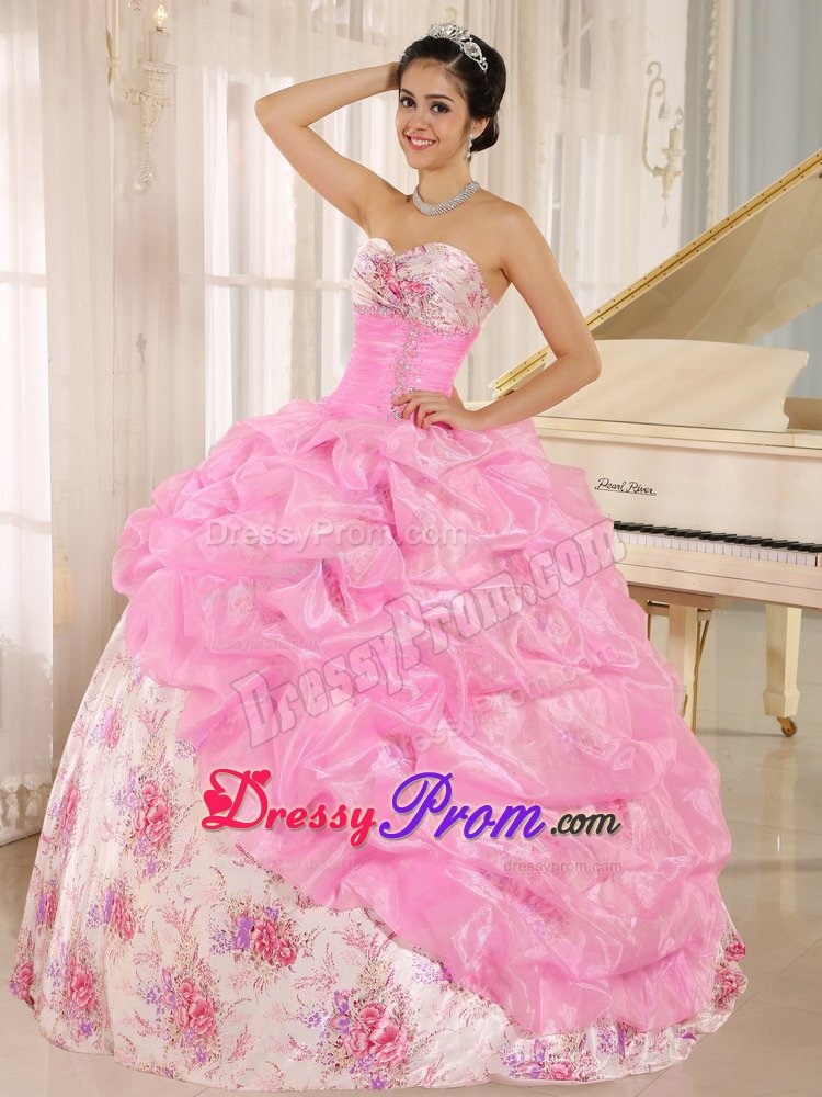 Printing Sweetheart Pick ups Beading Pink Dress for Quinceanera