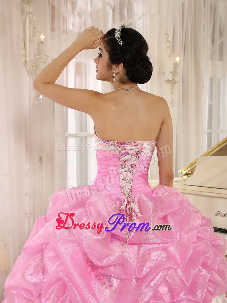 Printing Sweetheart Pick ups Beading Pink Dress for Quinceanera