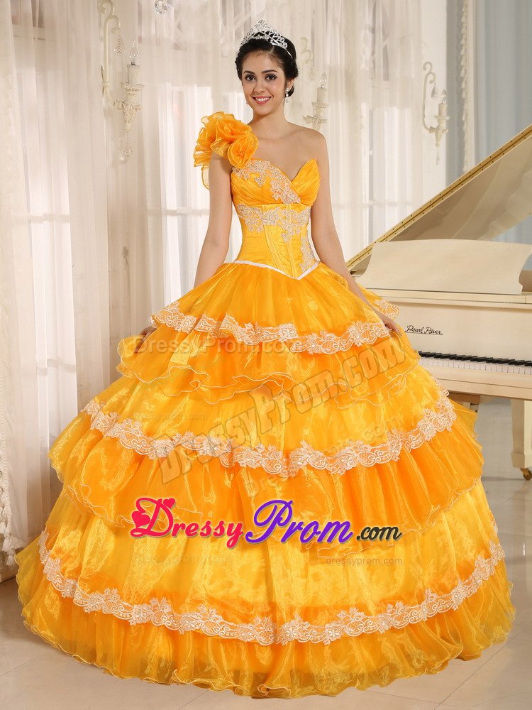 Flowery One Shoulder Orange Dresses for Quinceanera with Ruffles