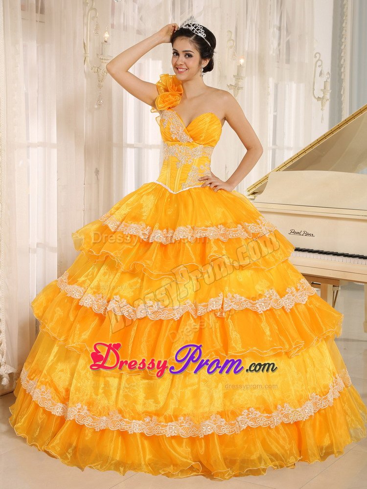 Flowery One Shoulder Orange Dresses for Quinceanera with Ruffles