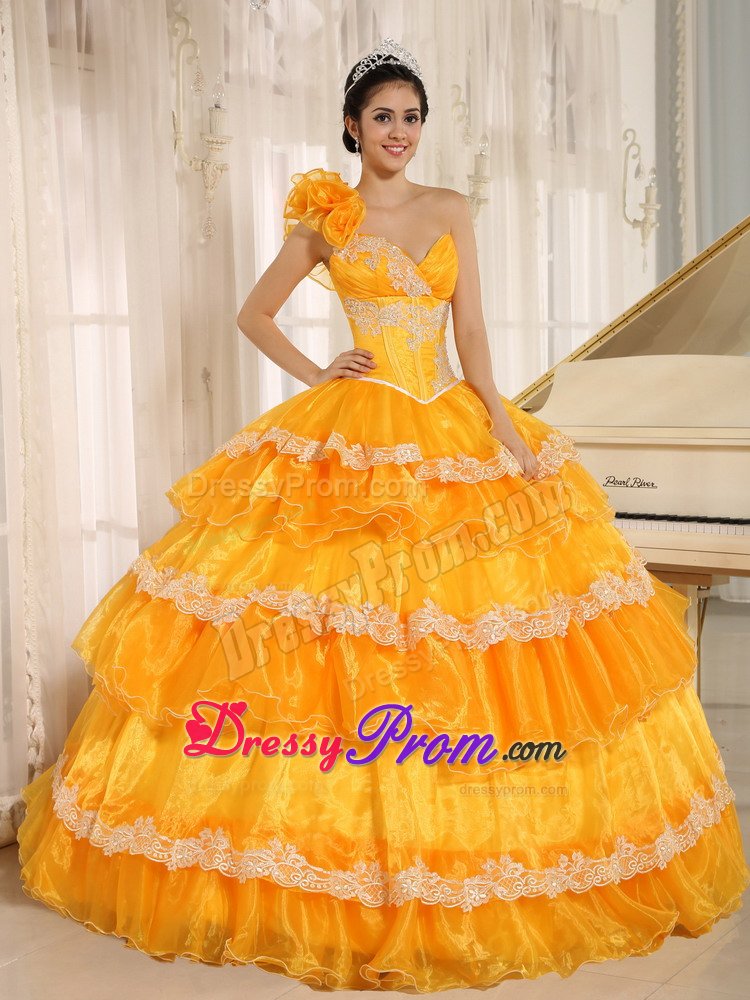 Flowery One Shoulder Orange Dresses for Quinceanera with Ruffles