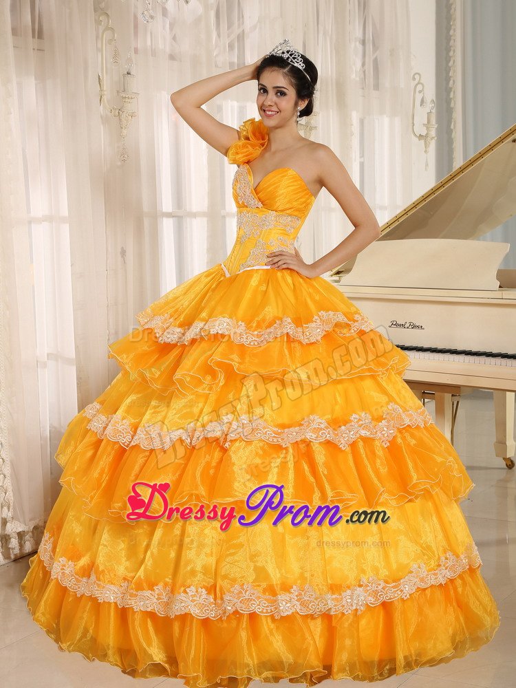 Flowery One Shoulder Orange Dresses for Quinceanera with Ruffles