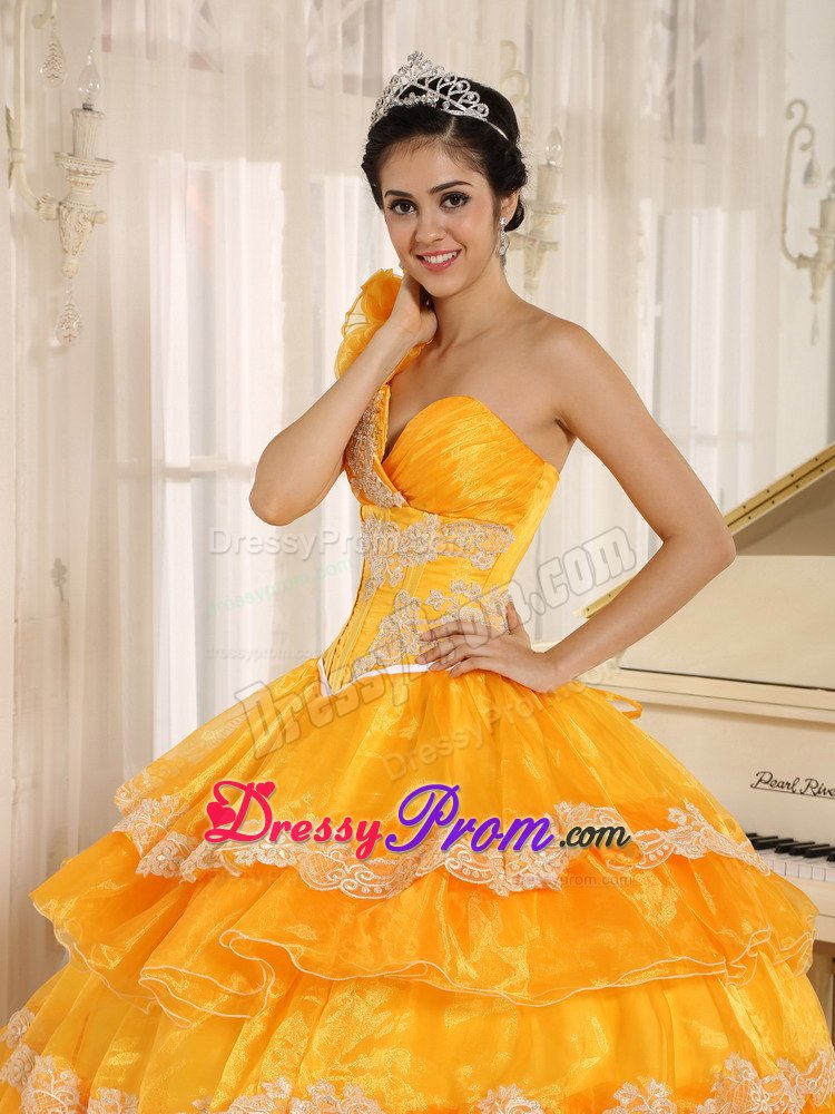 Flowery One Shoulder Orange Dresses for Quinceanera with Ruffles
