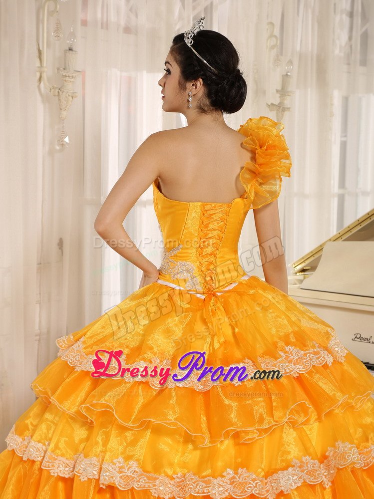 Flowery One Shoulder Orange Dresses for Quinceanera with Ruffles