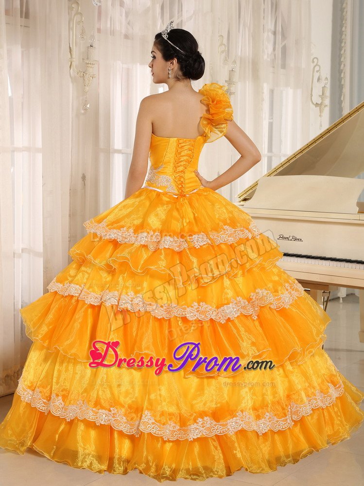 Flowery One Shoulder Orange Dresses for Quinceanera with Ruffles