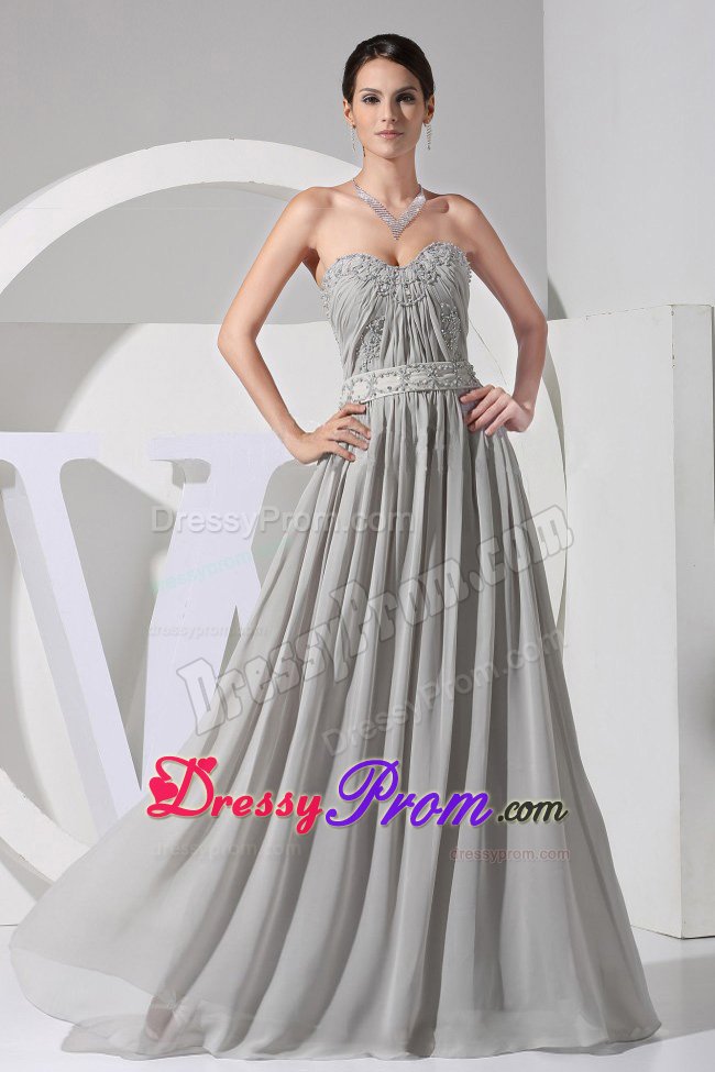 Cheap Column Sweetheart Appliqued Beaded Grey Prom Dress