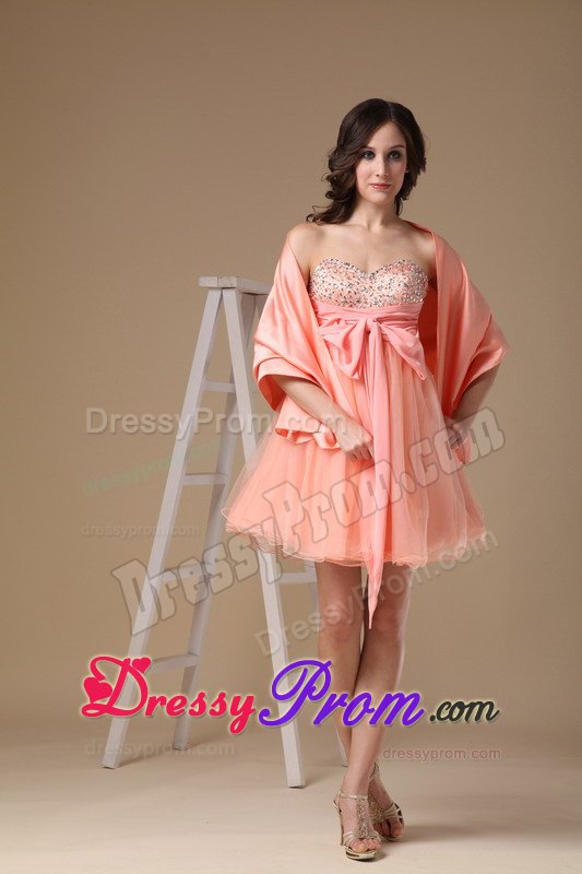 New Puffy Watermelon Red Beaded Mini Prom Dress with Sash