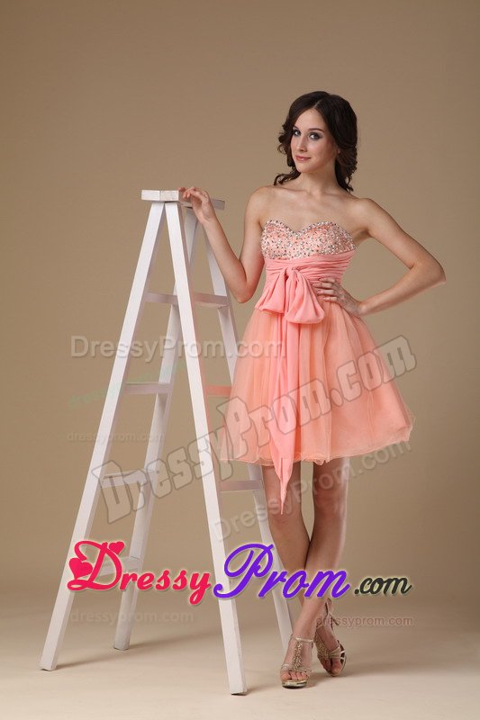 New Puffy Watermelon Red Beaded Mini Prom Dress with Sash